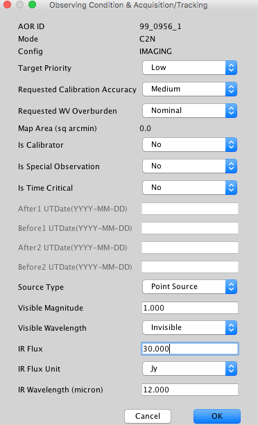 Observing Condition &amp; Acquisition Tracking pop-up window